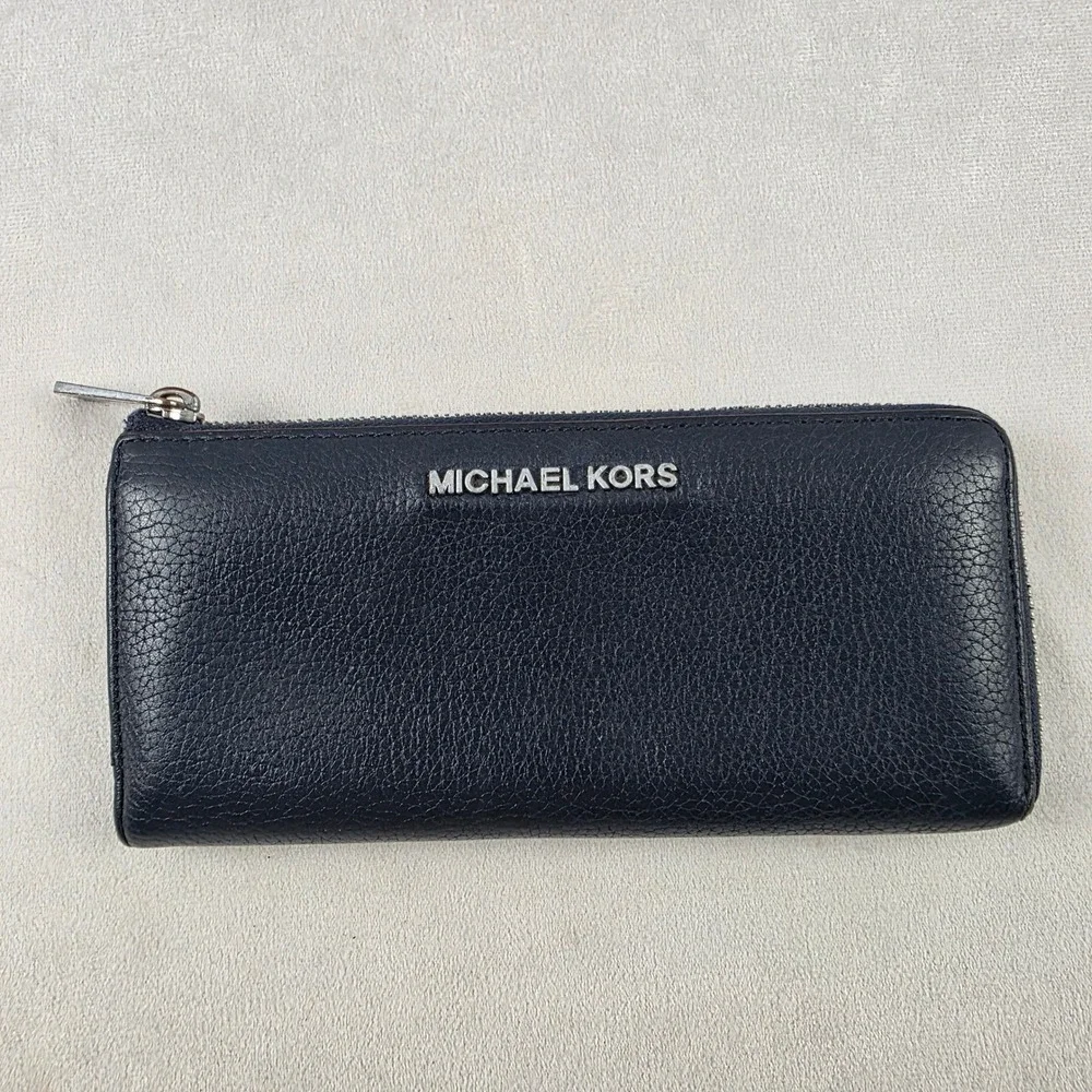 Women's Michael Kors Continental Pebbled Leather Zip Around Wallet Navy